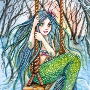 ACEO limitierte Edition Kunstdruck, 5 x 3,5 Zoll, "Swing" Meerjungfrau Kunst nach Original Gemälde von Patricia Chu