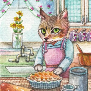 ACEO limited edition art print, 2,5 x 3,5 inch," It's Pie Time " Fantasy Cat art van origineel schilderij van Patricia Chu