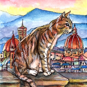 ACEO limited edition art print, 2.5 x 3.5 inches,&quot; Cat in Florence &quot; animal & citiscape art from original painting by Patricia Chu