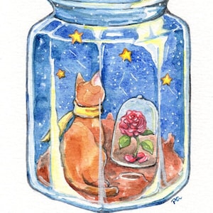 Keeping Me Company  - Original Watercolor Painting 4x6 inches Fantasy Cat Bottle Jar Art by Patricia Chu