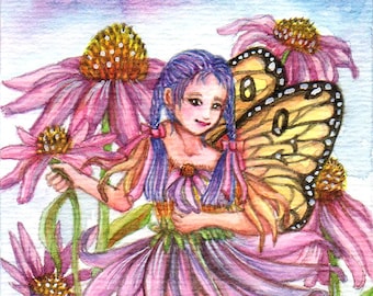 ACEO limited edition art print, 2.5 x 3.5 inches," Purple Cone Flower Fairy " fantasy fairy art from original painting by Patricia Chu