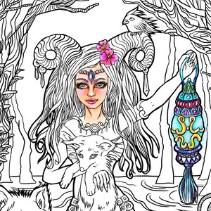 Adult Coloring Page Fantasy Art lead My Way Woodland Goddess Wildlife ...