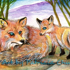 ACEO limited edition art print, 2,5 x 3,5 inch, " Little Fox's Nap Time " dierlijke kunst van origineel schilderij door Patricia Chu