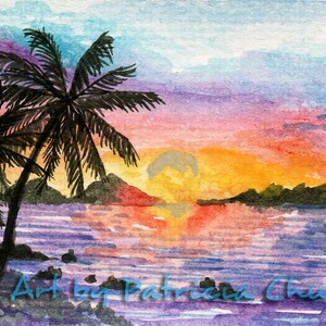 ACEO limited edition art print, 2,5 x 3,5 inch," Sunset Palm Beach " Landschapskunst van origineel schilderij door Patricia Chu