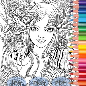 Adult Coloring Page Fantasy Art &quot; Ocean Breeze &quot; Lovely Mermaid Lady Underwater Ocean Creatures Fish Digital Download