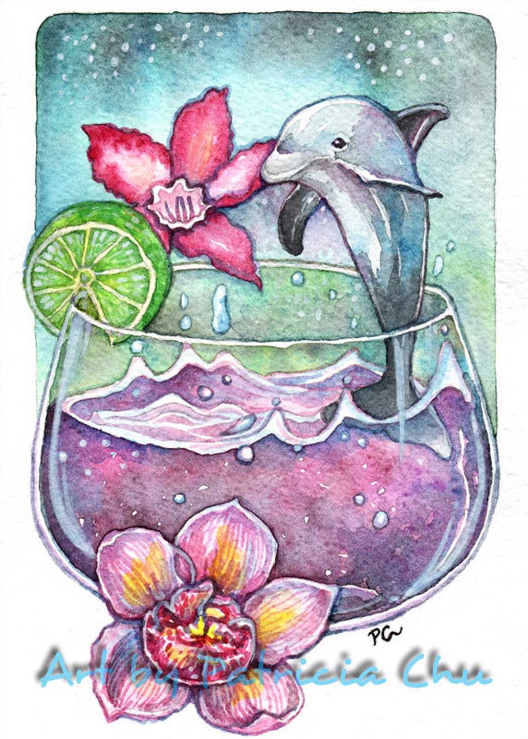 ACEO Limited Edition Art Print, 2.5 X 3.5 Inches, Dolphin and Orchids