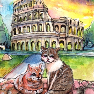 ACEO limited edition art print, 2,5 x 3,5 inch," Sunset at Coliseum " animal &citiscape art from original painting by Patricia Chu