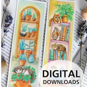 Lovely Cat and Shelf Watercolor Printable Bookmarks DIY Scrapbooking Images Set of 2 Reader Gift ** Digital Download **