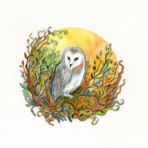 May include: Watercolour painting of a white owl perched in a nest of colourful leaves and vines. The owl has a yellow background behind it.