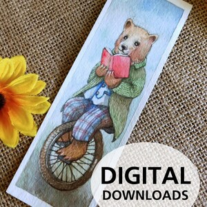 Bear Reading On Unicycle Watercolor Printable Bookmarks DIY Scrapbooking Images Reader Gift ** Digital Download **