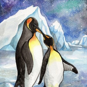 Tirage d’art ACEO en édition limitée, 2,5 x 3,5 pouces, » Love Under the Stars " Art animalier pingouin d’après une peinture originale de Patricia Chu