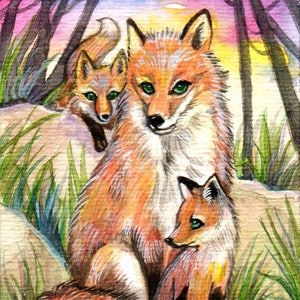 ACEO limited edition art print, 2,5 x 3,5 inch," Mama Fox And Baby Foxes At Sunset Woods " kunst van origineel schilderij door Patricia Chu