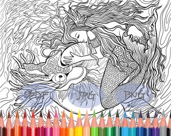 Adult Coloring Page Fantasy Art " Underwater Love " Lovely Mermaid with Shell Ocean Digital Download