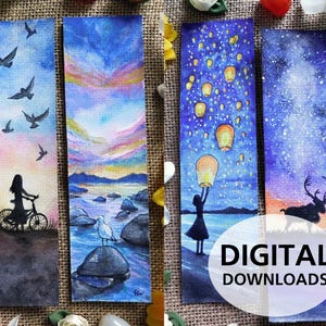 Nightscapes Starry Sky Watercolor Printable Bookmarks DIY Scrapbooking Images Set of 4 Reader Gift ** Digital Download **