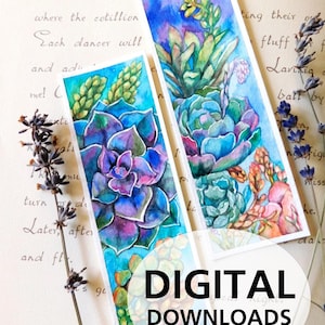 Beautiful Succulents Watercolor Printable Bookmarks DIY Scrapbooking Images Set of 2 Reader Gift ** Digital Download **