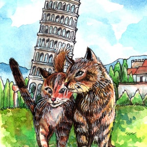 ACEO limited edition art print, 2,5 x 3,5 inch," Cats at Tower of Pisa " dier &citiscape art van origineel schilderij door Patricia Chu