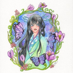 Original Watercolor Asian Theme Butterfly Maiden Fantasy Painting by Patricia