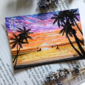 ACEO originele aquarel gouache schilderij "Sunset at Bay" landschap zee oceaan palmboom zonsondergang kunst door Patricia Chu