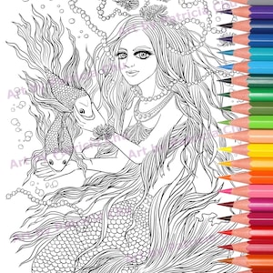 Kolorowanka dla dorosłych Sztuka fantasy &quot;Koi Princess&quot; Piękna syrenka Dama Podwodne stworzenia Ryby Cyfrowe pobieranie