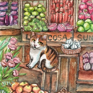 ACEO Limitierte Edition Kunstdruck, 5,5 x 3,5 Zoll, "Meow at the Market" TierKatze Kunst nach Original Gemälde von Patricia Chu