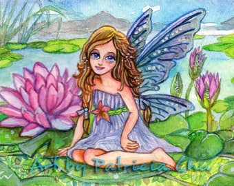 ACEO limited edition art print, 2.5 x 3.5 inches," Fairy On Lily Pad " fantasy fairy art from original painting by Patricia Chu
