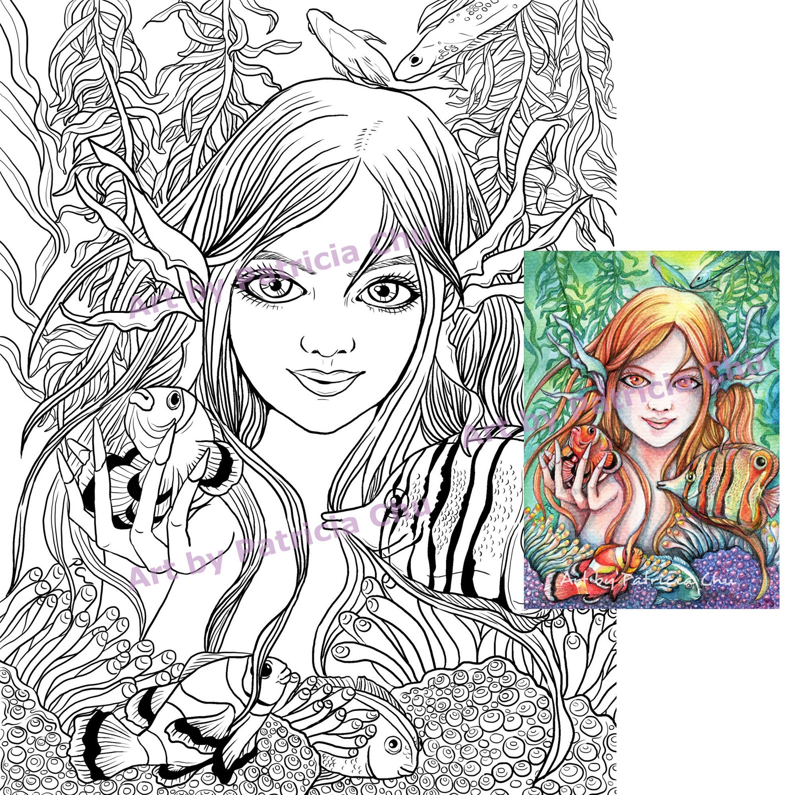 Adult Coloring Page Fantasy Art Ocean Breeze Lovely Mermaid Lady