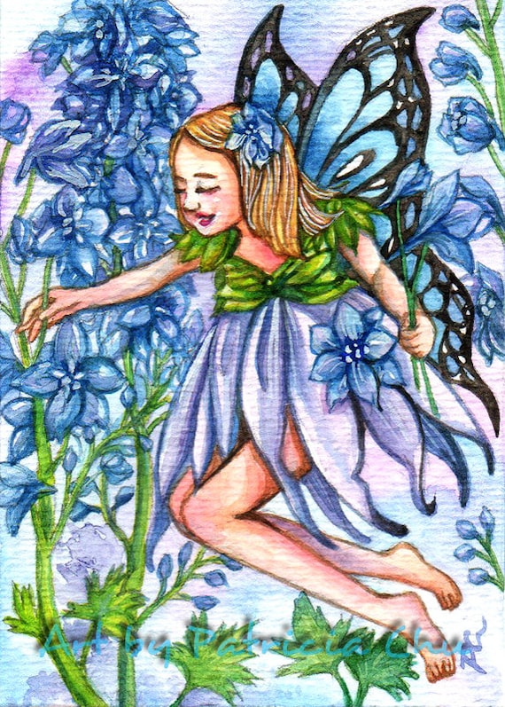 ACEO LE PRINTS Fantasy Fairy Forget Me Nots blue flower