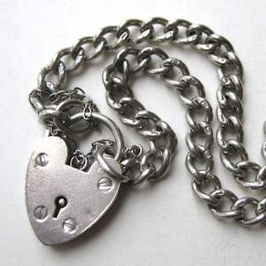 Vintage 50s Sterling Silver Heart Clasp Lock Padlock Charm Bracelet