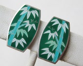 Vintage Japanese Sterling Silver Green Enamel Bamboo Screwback Earrings