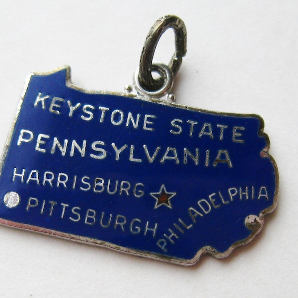 Vintage 50s Pennsylvania Sterling Silver Blue Enamel Keystone State Souvenir Bracelet Charm