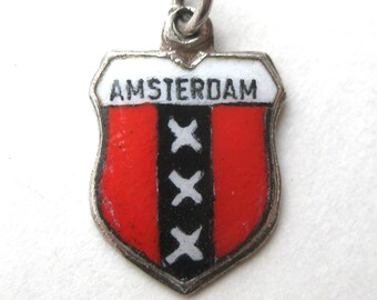 Vintage Charm 835 Silver Enamel Holland Amsterdam Netherlands Travel Shield Souvenir Bracelet Charm