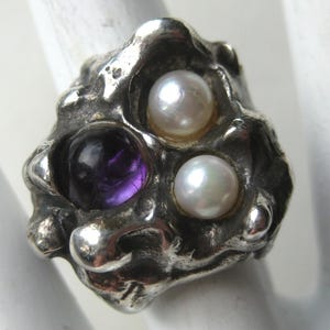Vintage Flemming Rensch Nielsen Sterling Silver 925S Denmark Danish Scandinavian Mid Century Modernist Ring Amethyst & Pearls size 6 1/4