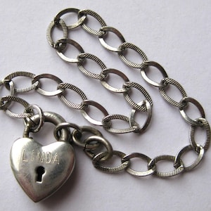 Sterling Silver Heart Clasp Lock Padlock LINDA Vintage 6.5&quot; Charm Starter Bracelet