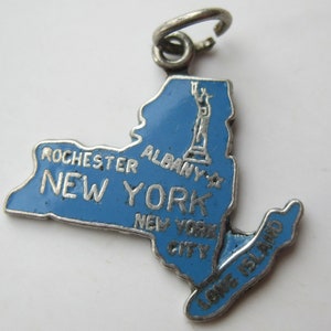 Charm vintage en argent sterling émaillé bleu, carte de l'état de New York, souvenir pour bracelet à breloques