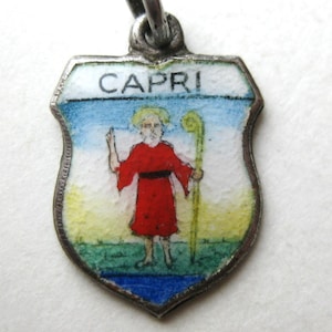 Peut inclure: Pendentif en forme de bouclier avec le mot "CAPRI" en haut. Le pendentif présente un motif émaillé coloré d'une figure en robe rouge tenant un bâton. L'arrière-plan comprend des teintes bleues, jaunes et vertes.