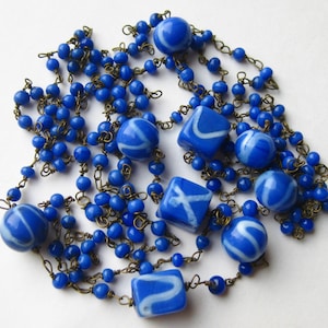 Vintage 20s Blue Czech Glass Bead Chain Art Deco Flapper 51&quot; Long Necklace