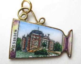 Vintage German Wiesbaden Theater Enamel Postcard Travel Souvenir Bracelet Charm