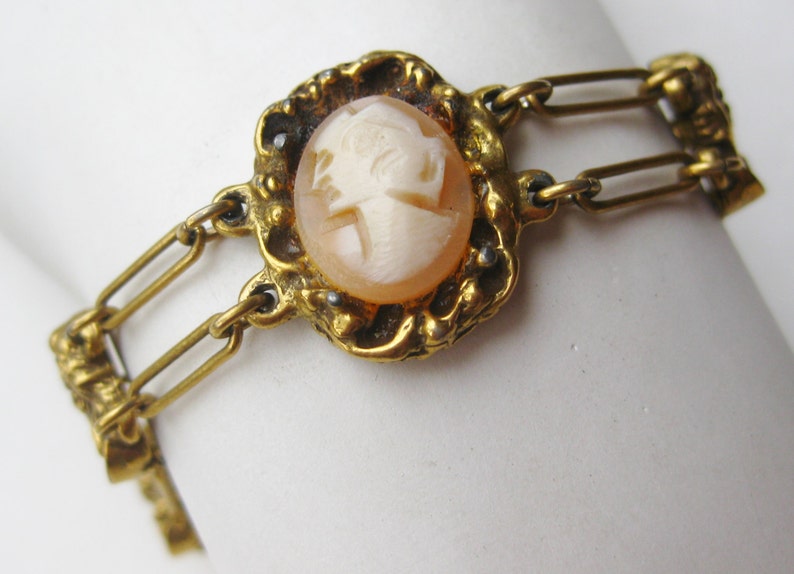 Vintage 60s Goldette Victorian Revival Gold Cameo Link Bracelet image 2