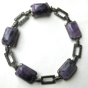 Vintage jaren 40 grote sterlingzilveren amethist marcasiet art-deco schakelketting 8" armband 27 g