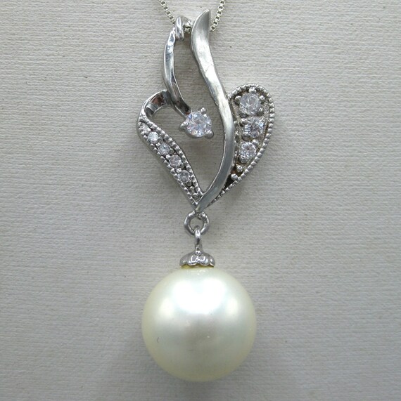Sterling Silver 14mm White Pearl CZ Jeweled Vinta… - image 3