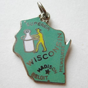Vintage jaren 50 Wisconsin staatskaart souvenir zilveren emaille armband bedel