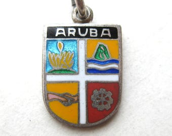 Vintage Sterling Silver Aruba Enamel Coat of Arms Travel Shield Souvenir Bracelet Charm