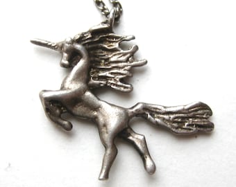 Vintage 80s Silver Unicorn Necklace Pendant & Chain