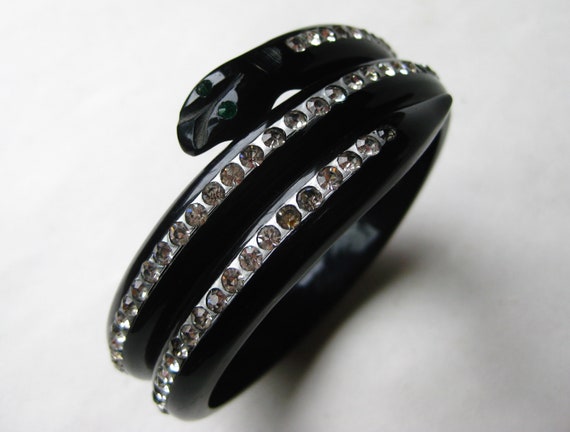 Snake Bracelet Art Deco Carved Black Bakelite Ser… - image 2