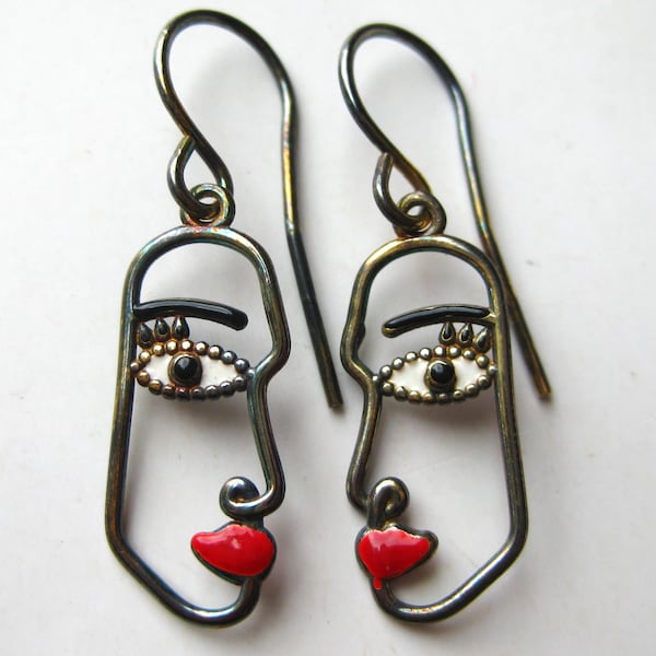 Vintage Sterling Silver Enamel Face Silhouette Drop Dangle Pierced Earrings