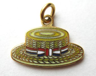Vintage 80s Boater Hat Novelty Gold Metal Enamel Bracelet Charm