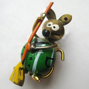 Vintage Figural Metal Mouse with Broom Vintage Spanish Gold Novelty Brooch Pin
