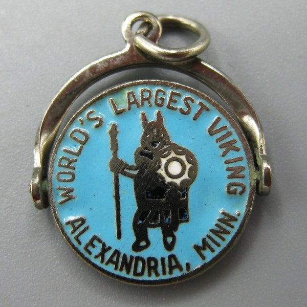 Vintage 60s Big Ole World's Largest Viking Alexandria Minnesota Sterling Silver Enamel Spinner Bracelet Charm