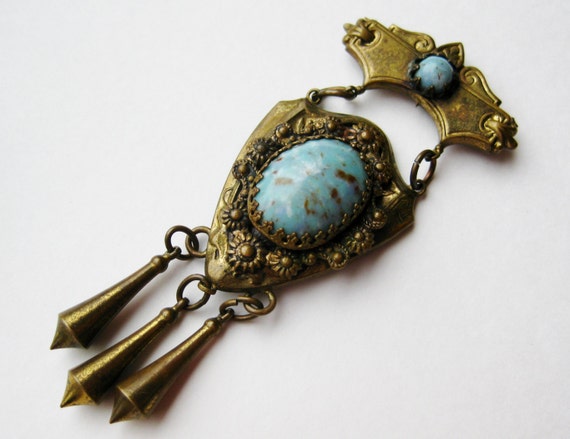 Vintage 40s Karu Brass Victorian Revival Turquois… - image 1