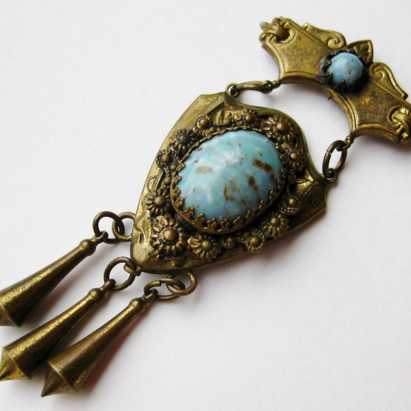 Vintage 40s Karu Brass Victorian Revival Turquoise Cabochon Brooch Pin